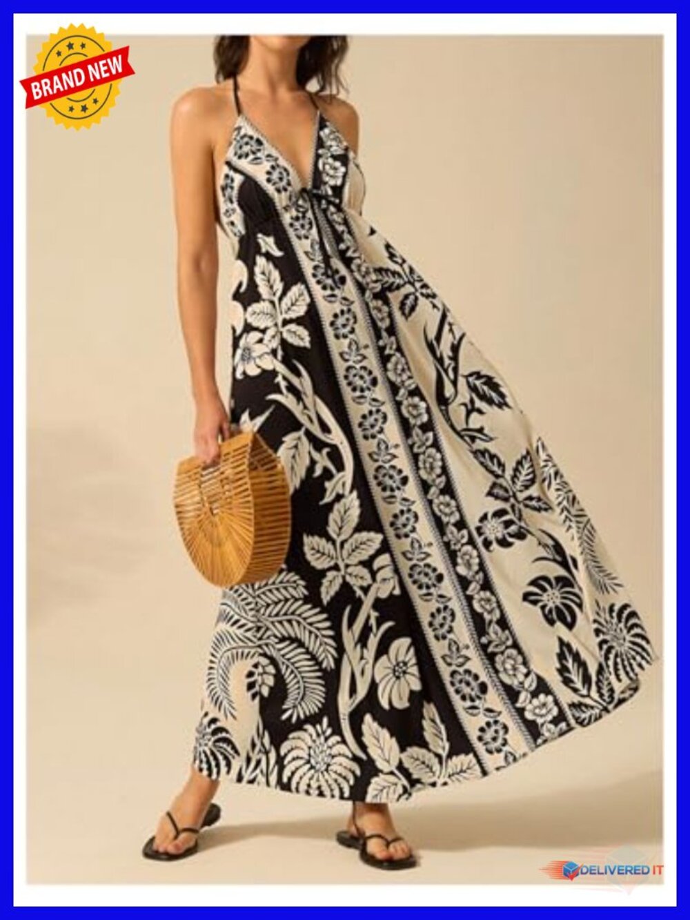 Women's Floral Halter Maxi Dress Open Back Empire Waist Boho - Picture 2 of 5